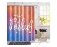 Shower Curtain, Watercolor Blue Pink and Orange with White Lettering