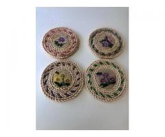 Set of 4 Embroidered Wicker/Straw Trivets