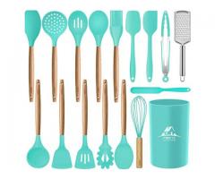 Mibote 17 Pcs Silicone Cooking Kitchen Utensils Set with Holder, Wooden Handles Cooking Tool BPA Fr