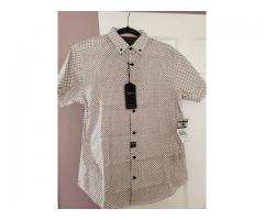 Trendy men's White black and red short Sleeve button down shirt