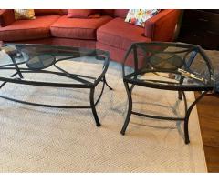 Coffee table and 2side tables. Glass and metal. No scratches or chips. Measurements included in phot