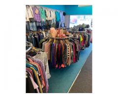 Clothing retail store fixtures, jewelry cases, dressing rooms, round racks, 4 way racks