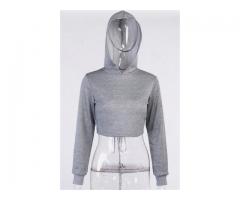 Grey hollow out solid color new fashion simple lace-up micro elastic hoodie