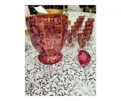 Moser Glass Punch Set, Hand Painted Enamel on Cranberry Glass
