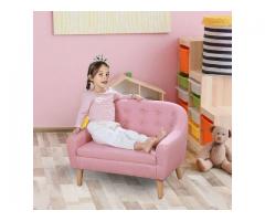 2-Seat Linen Fabric and Wooden Frame Sofa for Kids and Toddlers Ages 3-6, 11" High Seat - Pink