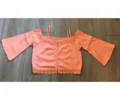 TopShop Orange Peep Shoulder Crochet Collar / Hem Bell Sleeve Crop Top - Size 2