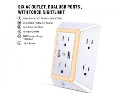 USB Wall Charger Surge Protector 6-Outlet Extender with 2 USB Charging Ports and Night Light