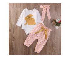 3pc Gold Easter Bunny Bodysuit w/Gold Dot & Pink Pants (tie headband included)