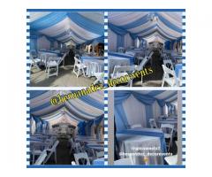 Tents with draping of any color tables chairs bathrooms Decorations to taste