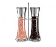 Salt and pepper mill with matching stand, stainless steel salt and pepper shakers