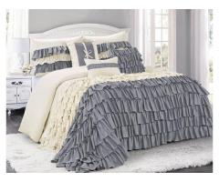 Unique Home 7 Piece BRISE Double Color Ruffled Bed in a Bag Comforter Duvet Set (Queen, Ivory/Gray)