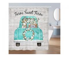 Farmhouse Shower Curtain, Eucalyptus Cotton Flowers and Teal Truck with Barnwood, Country