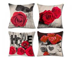 4 Red Couch Pillows Covers Bed Decor Rose Couples Flower Pattern Throw Pillow Cases 18x18