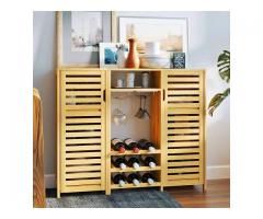 Bamboo Wine Shelf 2 Piece Bar Cabinet 9 Bottle Holder and Wine Glass Storage $221